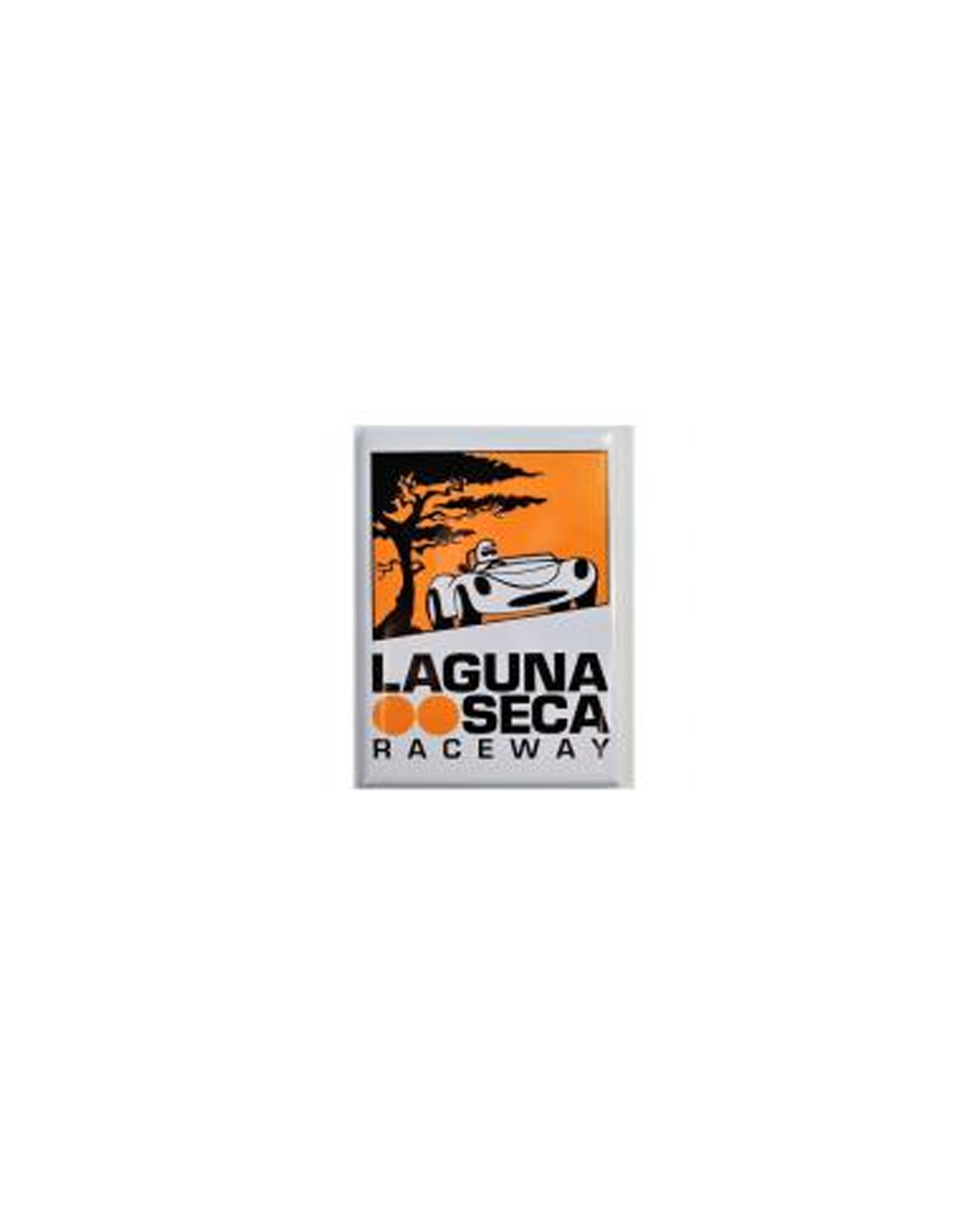 A rectangular Laguna Seca Raceway sticker or decal featuring a stylized orange, black, and white race car graphic with the text 'LAGUNA SECA RACEWAY' on a white background.