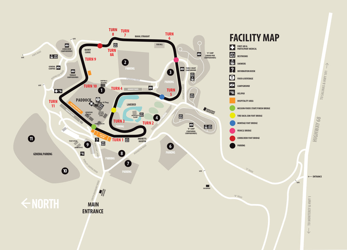 Facility map of WeatherTech Raceway Laguna Seca showing the race circuit, entrances, parking, paddock, campgrounds, bridges, hospitality areas and visitor facilities